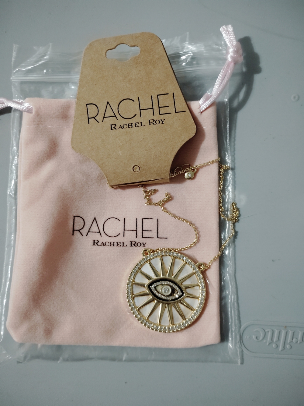 New Rachel Roy Gold and White Evil Eye Medallion Costume Necklace